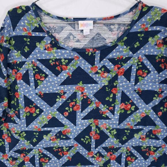 LuLaRoe Blouse Womens Large Blue Geometric Floral Rose Print Pullover Tunic Top - Picture 2 of 4